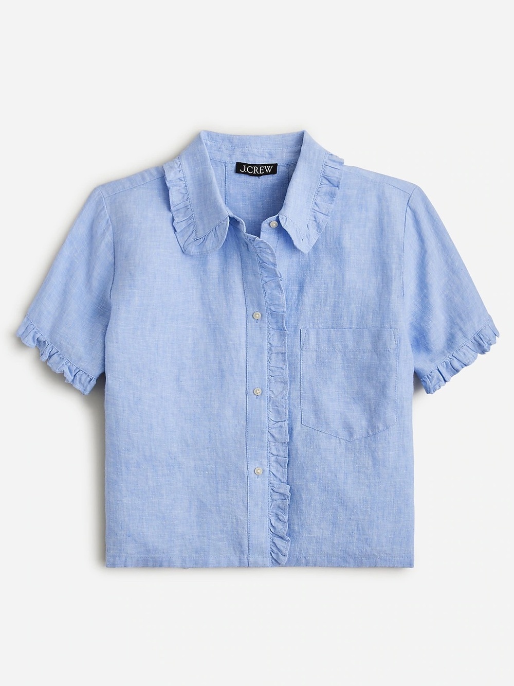 J. Crew 100% Linen Ruffle Trim Button Down Shirt Womens Small Blue Short Sleeve - Picture 2 of 7